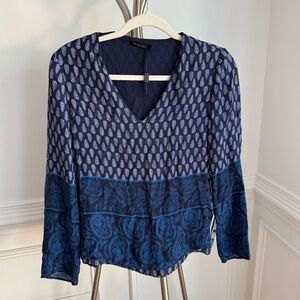 NWT Massimo Dutti Blue Floral Boho 100% Silk Blouse Size 4